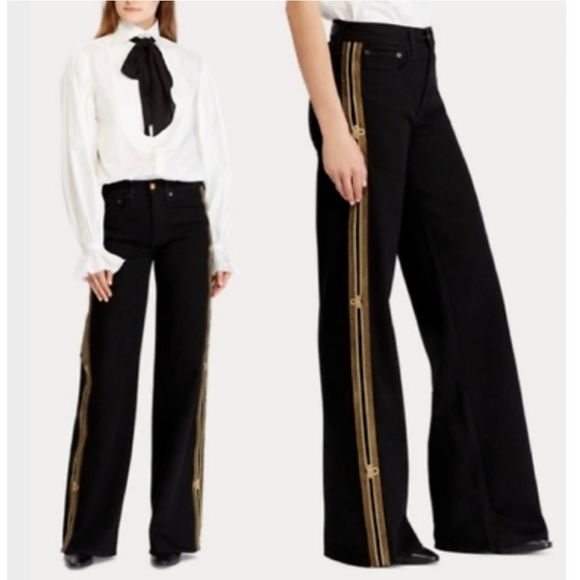 Polo Ralph Lauren Denim - Polo Ralph Lauren Admiral Striped Wide-Leg Jeans Black / Gold size 28